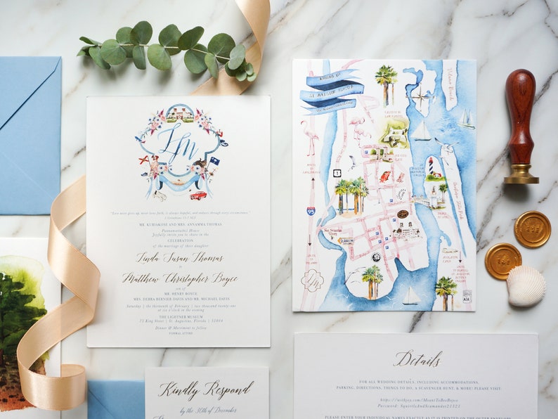 Custom Watercolor Illustration Wedding Invitation, Hand-drawn Venue Map Wedding Logo Dusty Blue Destination Wedding Invite SAMPLE 77 image 3