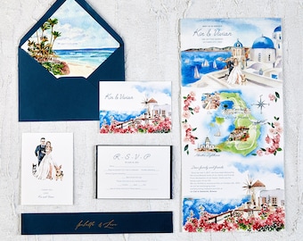Custom Romantic Santorini Wedding Tri-fold; Coup Watercolor Portrait; Santorini Hand-drawn Map; Greece Watercolor Custom Invite 92
