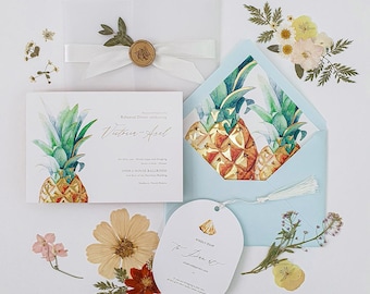 Tropical Pineapple Wedding Invitation Suite – Destination Wedding Set with Watercolor, Gold Foil, Vellum Wrap, Wax Seal & Blue Envelope