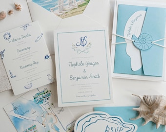 Aegean Shell Suite - Destination Wedding Invitation Suite, Illustrated Map, Seashell Gatefold Invite, Aegean Blue Coastal Wedding