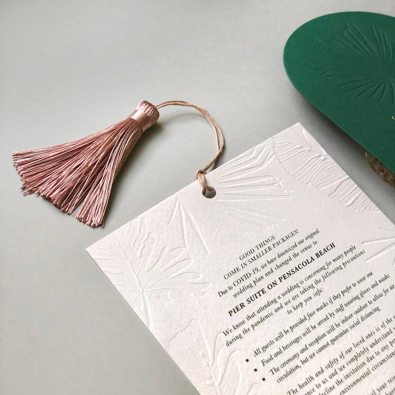 Debossed Tropical Leaves Wedding Invitation with Tassel, Destination Wedding Invitation with Tassel Embellishment, Tassel Envelope SAMPLE 67 image 5