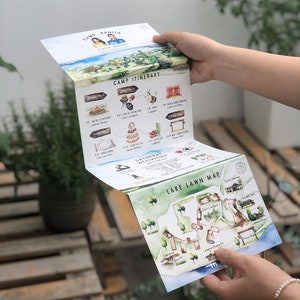 Aangepaste aquarel illustratie viervoudig gevouwen huwelijksuitnodiging, gepersonaliseerde handgetekende illustratie bestemming bruiloft uitnodiging AANBETALING