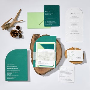 Modern Greenery Blind Debossed Arum Lily Wedding Invitation, Tropical Calla Lily Suite with Various Green Shades and Cut Shape Invites 89