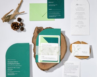 Modern Greenery Blind Debossed Arum Lily Wedding Invitation, Tropical Calla Lily Suite with Various Green Shades and Cut Shape Invites 89