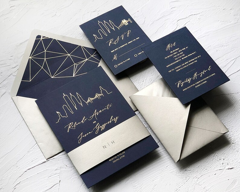 City Skyline Gold Foil Wedding Invitation, Hot Stamping Gold Foil Navy Invitation, Modern Urban Wedding, City Skyscraper Wedding SAMPLE 66 image 1