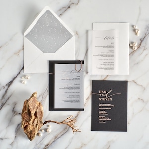 Vellum Overlay Detail Card Wedding Invitation, Modern Elevated Black and White Wedding Invite, Luxurious Black Gold Foil Invites 84
