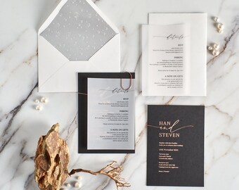 Vellum Overlay Detail Card Wedding Invitation, Modern Elevated Black and White Wedding Invite, Luxurious Black Gold Foil Invites 84