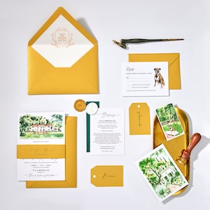 Maßgeschneiderte handgemalte Hochzeitseinladungssuiten mit Veranstaltungsort-Illustration, Haustierporträt, kundenspezifischem Monogramm; Joyful Bright Custom Invite 85