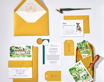 Bespoke Hand Painted Wedding Invitation Suites features Venue Illustration, Pet Portrait, Custom Monogram; Joyful Bright Custom Invite 85