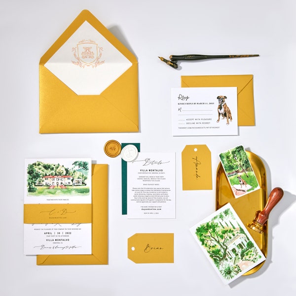 Maßgeschneiderte handgemalte Hochzeitseinladungs-Suiten mit Veranstaltungsortillustration, Haustierporträt, individuellem Monogramm; Frohe helle individuelle Einladung 85