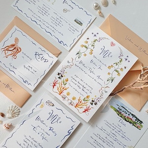 Caribbean Glamour Wedding Invitation Suite; Playful Custom Watercolor Illustration Invitation SAMPLE 102