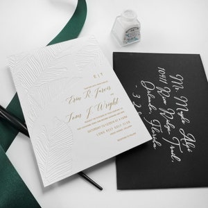 Blind Debossed Tropical Palm Wedding Invites, Gold Foil Invitation, Destination Wedding, Tropical Beach Wedding Palm Leaves SAMPLE 46