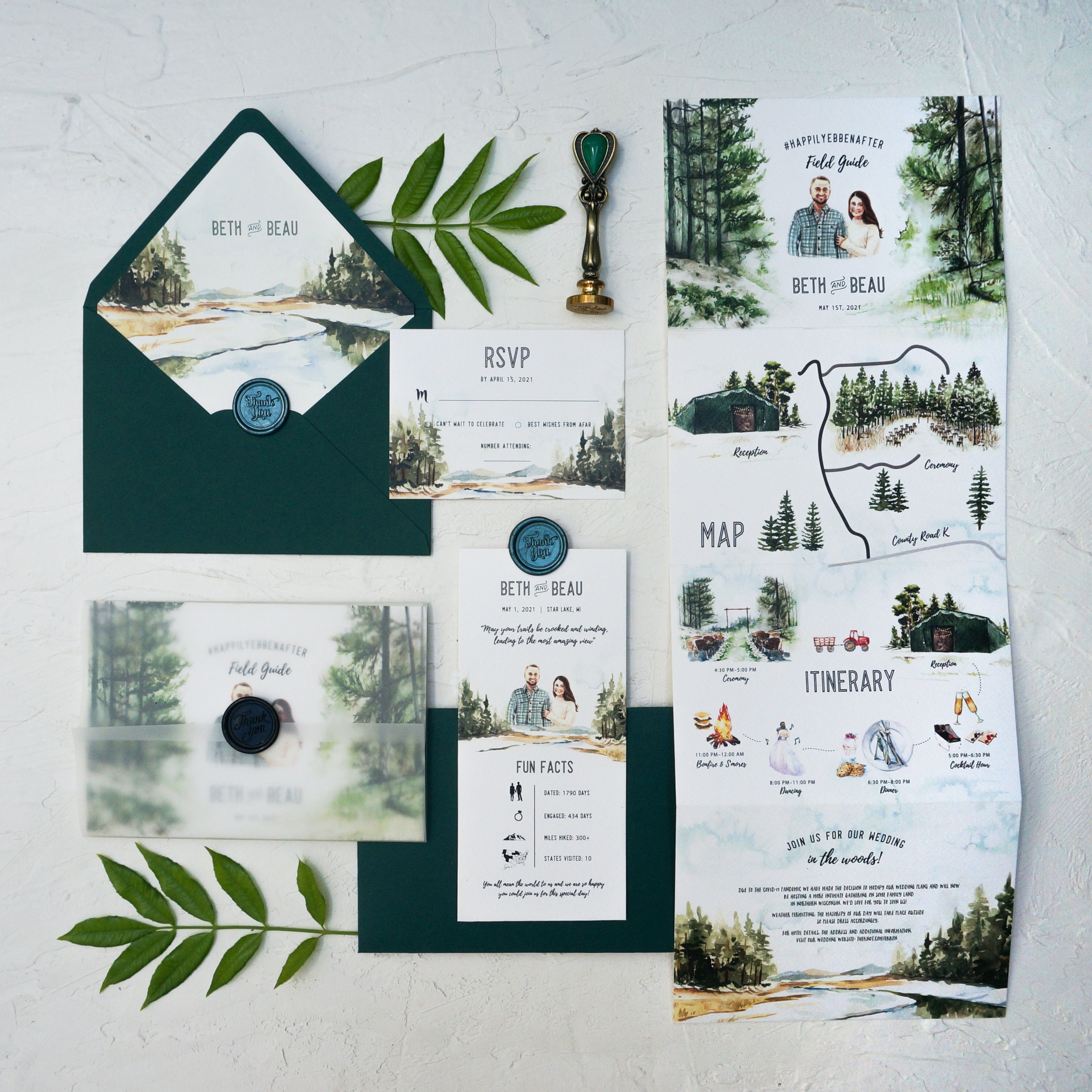 Venue Illustration Tri-fold Wedding Invitation Set, Hand-drawn Tri-fold Wedding Invite with Weekend itinerary, Forest Camp Invite SAMPLE 75
