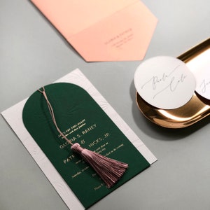 Debossed Tropical Leaves Wedding Invitation with Tassel, Destination Wedding Invitation with Tassel Embellishment, Tassel Envelope SAMPLE 67 image 4