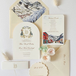 Bergdorf Colorado Eleganz Aquarell Hochzeitsreihe, Benutzerdefinierte Veranstaltungsort Illustration; Aquarell Einladung mit individuellem Wappen MUSTER 100