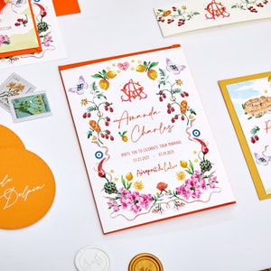 Individuelle lebendige mediterrane Aquarell Hochzeitseinladung, mutige und helle handgezeichnete Einladung und Briefpapier; Aquarell Calvi Stadtplan 86