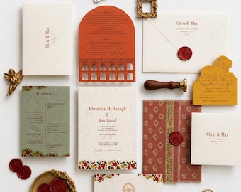 Castillone Provence Suite - French Wedding Invitations, Old World Provence Suite with Die Cut RSVP, Sage Itinerary and Fabric Wrap
