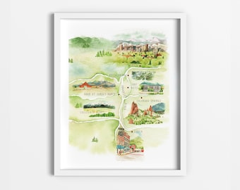 Custom Watercolor Travel Wedding Map, Destination Wedding Map, Custom Map Save the Dates, Custom Map, DIGITAL FILE| 8 Landmarks