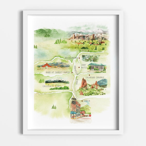 Custom Watercolor Travel Wedding Map, Destination Wedding Map, Custom Map Save the Dates, Custom Map, DIGITAL FILE| 6 Landmarks