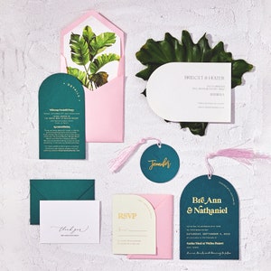 Modern Tropical Blind Debossed Palm Wedding Invitation, Custom Arched Shape Invitations, Pink Envelope with Tassel, Custom Shape Invite 87