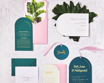 Modern Tropical Blind Debossed Palm Wedding Invitation, Custom Arched Shape Invitations, Pink Envelope with Tassel, Custom Shape Invite 87