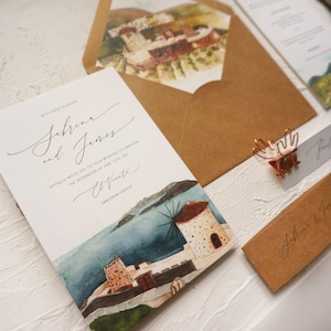 Illustrazione personalizzata della location, invito per matrimonio a destinazione, mappa personalizzata per matrimonio con storia d'amore ad acquerello, busta e involucro in pergamena CAMPIONE 70
