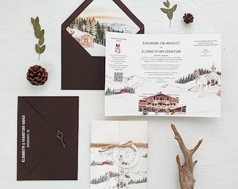 Custom Winter Chalet Wedding Invitation Suite – Rustic mountain venue, Watercolor ski lodge, & Personalized Alpine Stationery set.