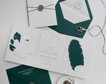Emerald Botanical Gatefold - Luxury Tropical Wedding Invitation, Embossed Gatefold Suite, Emerald Green, Monstera Leaf, Die-cut invites