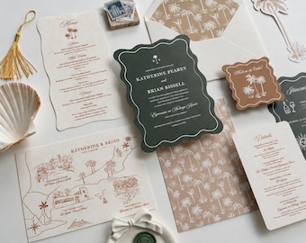 Los Cabos Mexico Wedding Suite, Retro Wave Die-Cut Invitation, Mexico Cabu Line Map, Destination Suite