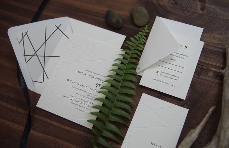 Blind Letterpress Geometric Modern Wedding Invitation, Embossed Geometry Minimal Wedding, Modern Classic White Event Card SAMPLE 31 image 1