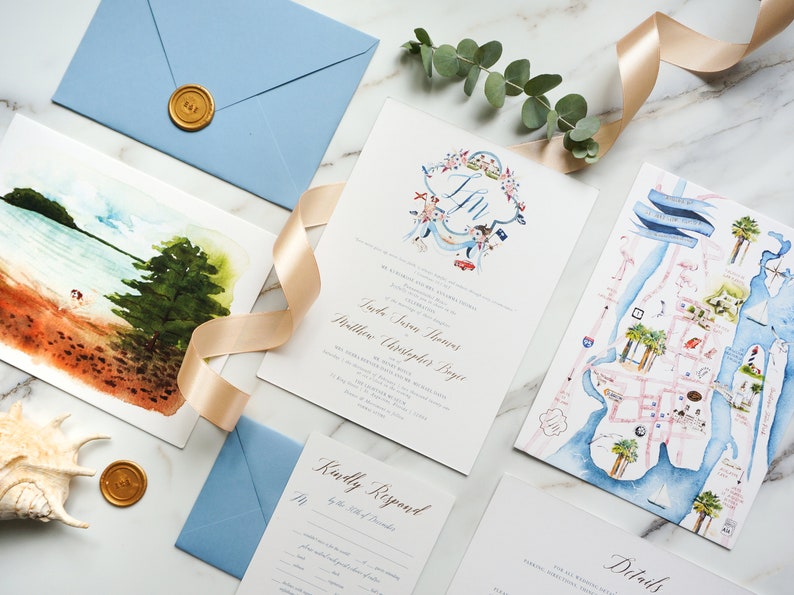 Custom Watercolor Illustration Wedding Invitation, Hand-drawn Venue Map Wedding Logo Dusty Blue Destination Wedding Invite SAMPLE 77 image 7