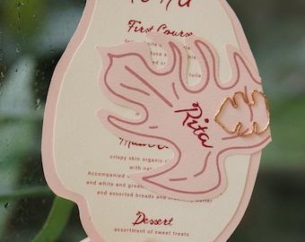 Tropical Monstera -shaped Wedding Menu, Custom guest name menu card, Tropical wedding, Pink Table setting