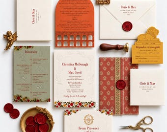 Castillone Provence Suite - French Wedding Invitations, Old World Provence Suite with Die Cut RSVP, Sage Itinerary and Fabric Wrap