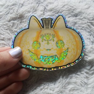 Jack-o-lantern Third Eye Kitty Pumpkin Holographic Glitter Sticker