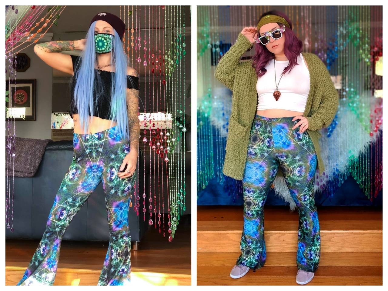Third Eye Trippy Tree Kaleidoscope Bell Bottom Flare Leggings made from Recycled Plastic Bottles, Rave Festival Pants, Sacred Geometry