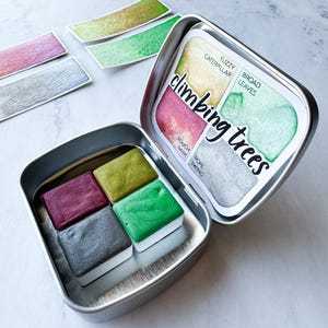 Acquerello scintillante per arrampicarsi sugli alberi, pittura fatta a mano di qualità artistica, vegana, set da metà, un quarto o un intero contenitore, regalo opzionale per il journaling in latta.