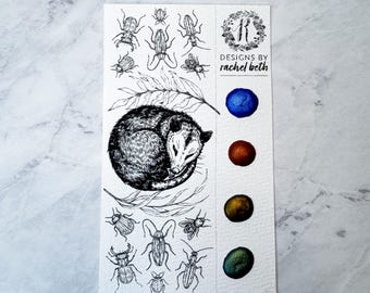 Marcapáginas para colorear en blanco con acuarela y pestaña perforada - Zarigüeya