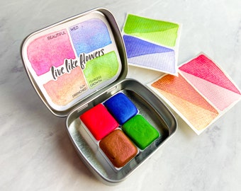 Live Like Flowers Shimmering Watercolor Paint set Half Pan or Full Pan with Tin