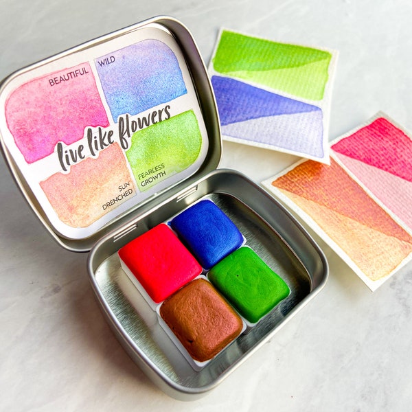 Live Like Flowers Shimmering Watercolor Paint set Half Pan or Full Pan with Tin