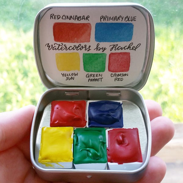 Handmade Primary Watercolor Travel Tin Paint Set of 5 Half Pans - FREE SHIPPING