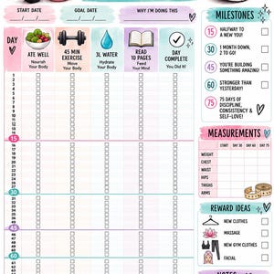 May include: A 75 Soft Challenge tracker sheet featuring daily habit checkboxes for eating well, exercise, water intake, and reading. Includes sections for milestones, measurements, and reward ideas, decorated with illustrations of sneakers, a water bottle, and weights.