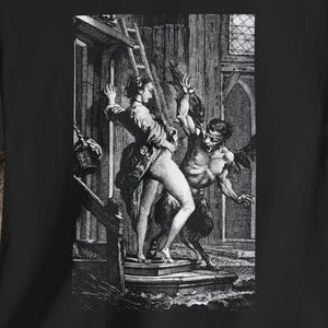 Peretta Frightens the Demon - Unisex Tee, Funny Antique Illustration, Vintage Demon, Skirt Lift Tee, Gothic Halloween Shirt