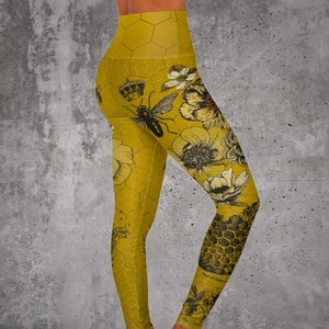 Bee Leggings Melissa Bee Priestess Queen Bee Leggings Save The Bees Vintage Bee Engraving Collage High Waisted Yoga Leggings