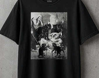 Schwarzer Katzenkult – Katzen bewachen die kranke Hexe (Illustration von 1855) | Vintage-T-Shirt mit gotischem Hexenmotiv (Unisex)