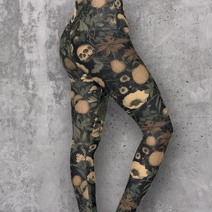 Spooky Floral Skull Leggings Dark Academia Fall Aesthetic Autumn Leggings Boho Goth Witch High Waisted Yoga Leggings