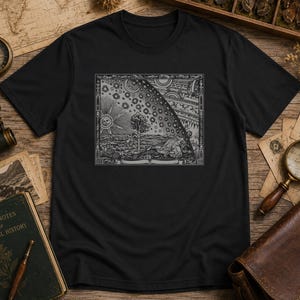 May include: A black t-shirt featuring a detailed, monochromatic graphic print of the Flammarion engraving. The design depicts a person peering through the edge of the sky to reveal a celestial landscape of stars, sun, and geometric patterns.