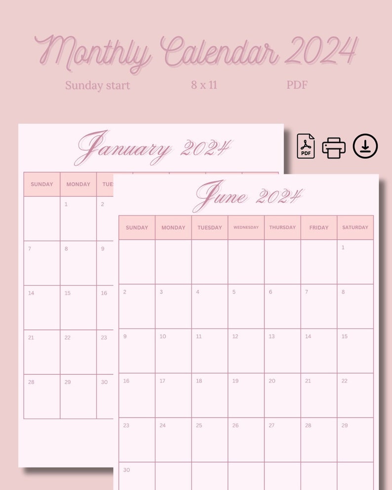 2024 Calendar 2024 Monthly Planner Vertical Sunday Start 2024 Elegant