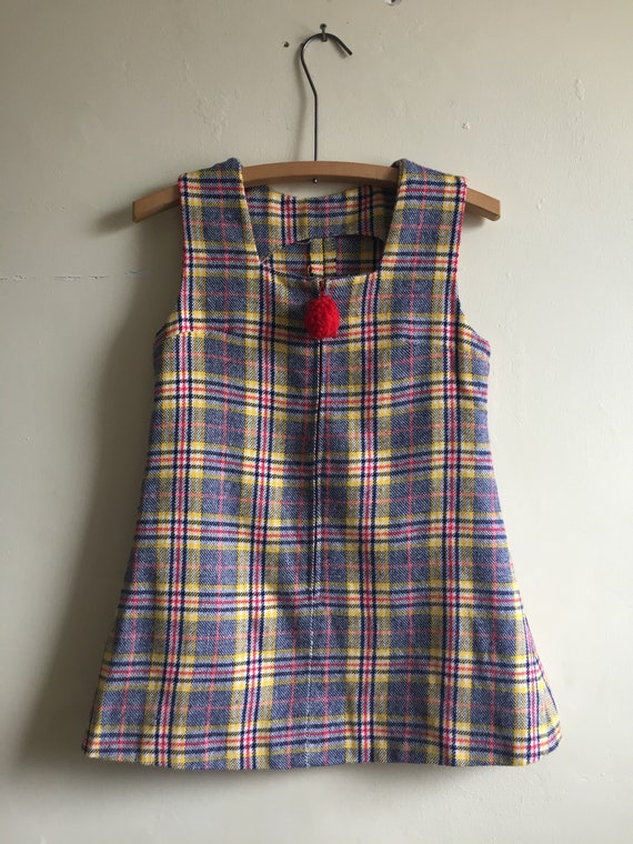 1960s-70s Pom-Pom Zipper Plaid A-line Tunic Top