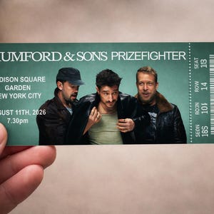 May include: A green ticket for a Mumford & Sons concert at Madison Square Garden in New York City, dated August 11th, 2026. The ticket features a photo of three men and includes the time 7:30 pm.