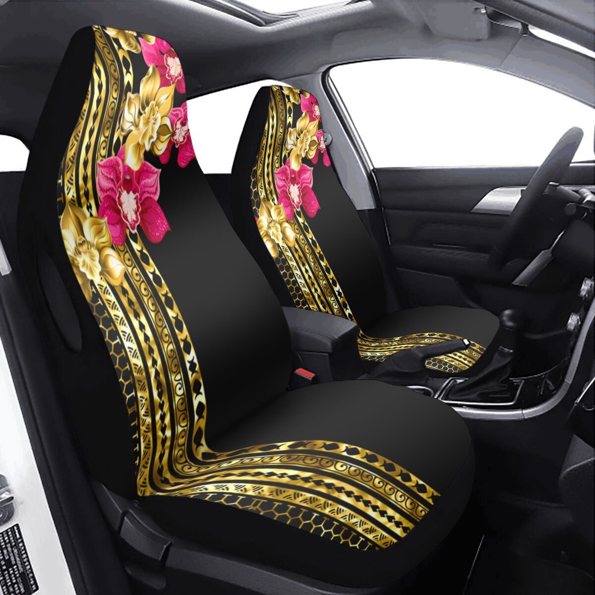 Samoa tribal Universal Car Seat Cover gold Polynesian print pink orchid flowers